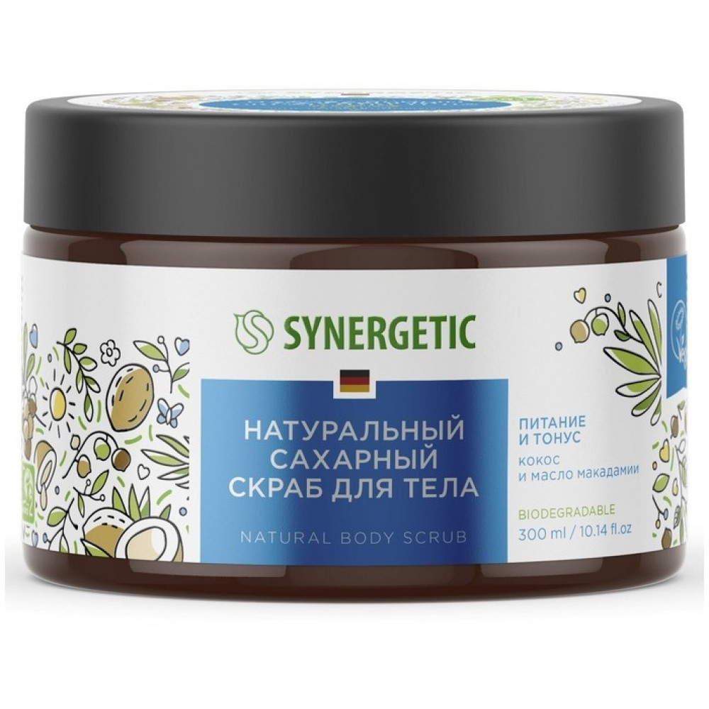 Synergetic Натуральный биоразлагаемый скраб для тела питание и тонус Кокос и масло макадамии 300мл