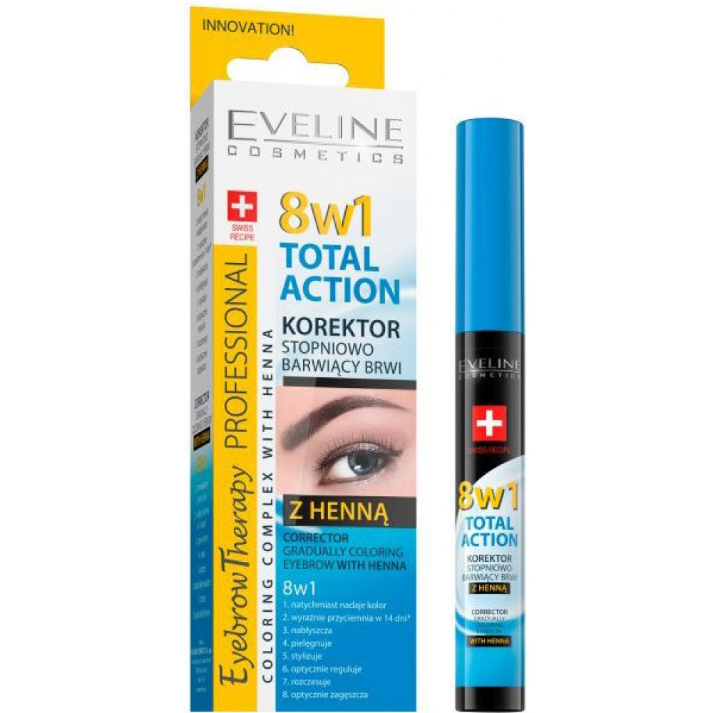 Корректор для бровей 8в1 Eveline Total Action с окрашивающим эффектом и хной 10 мл